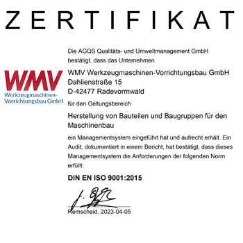 Zertifikat ISO 9001 2015 WMV GmbH